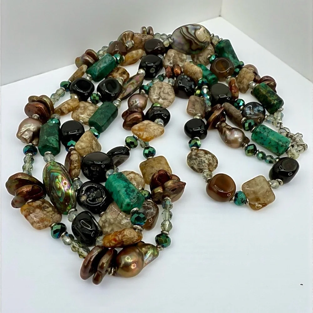 Three-Strand Multi-Gemstone Flameball Pearl Shell & Crystal Necklace 18” 20” 22” - Picture 6 of 17